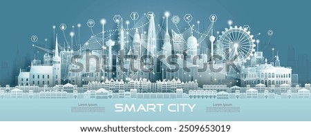 Technology wireless in Finland network communication icon smart city with architecture in Finland at europe for design banner technology, Green city wireless network architecture in helsinki.