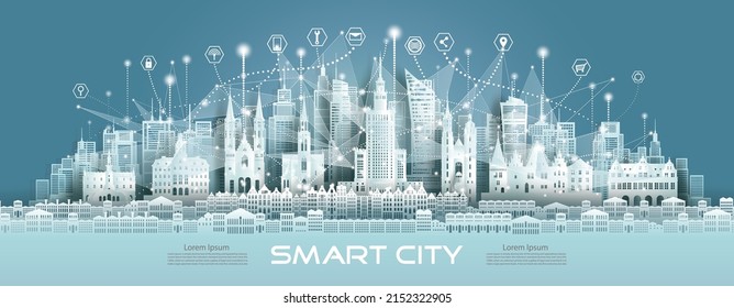 Technology Wireless Mesh Geometric Network Communication Icon Smart City With Architecture In Warsaw Poland At Europe For Design Banner Technology, Green City Wireless Network Architecture In Poland.