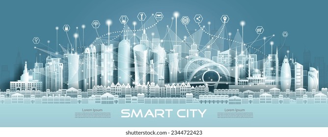 Technology wireless mesh geometric network communication icon smart city with architecture in Doha Qatar at europe for design banner technology, Green city wireless network architecture in Qatar.