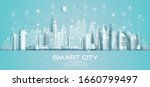 Technology wireless network communication smart city and icon with architecture in Saudi Arabia downtown skyscraper on blue background, Vector illustration futuristic green city and panorama view.