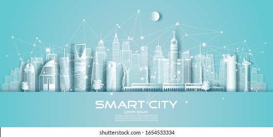 Technology wireless network communication smart city with architecture in Saudi Arabia downtown skyscraper on blue background, Vector illustration futuristic green city and panorama view.