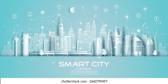 Technology Wireless Network Communication Smart City And Icon With Architecture In Saudi Arabia Downtown Skyscraper On Blue Background, Vector Illustration Futuristic Green City And Panorama View.