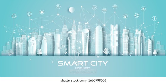 Technology Wireless Network Communication Smart City And Icon With Architecture In Qatar Downtown Skyscraper On Blue Background, Vector Illustration Futuristic Green City And Panorama View.