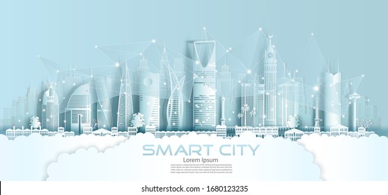 Technology wireless network communication smart city with architecture in Saudi Arabia downtown skyscraper on blue background, Vector illustration futuristic green city and panorama view.