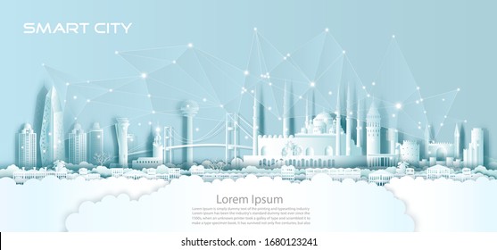 Technology wireless network communication smart city with architecture in Turkey downtown skyscraper on blue background, Vector illustration futuristic green city and panorama view.