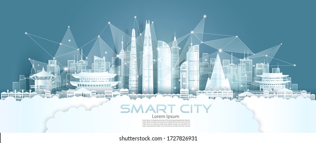 Technology wireless network communication smart city with architecture in south Korea downtown skyscraper on blue background, Vector illustration futuristic green city and panorama view.