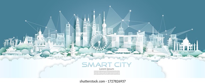 Technology wireless network communication smart city with architecture in Asia downtown skyscraper on blue background, Vector illustration futuristic green city and panorama view. 