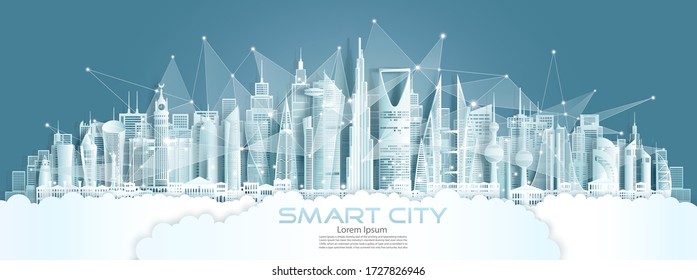 Technology wireless network communication smart city with architecture in middle east of Asia downtown skyscraper on blue background, Vector illustration futuristic green city and panorama view. 