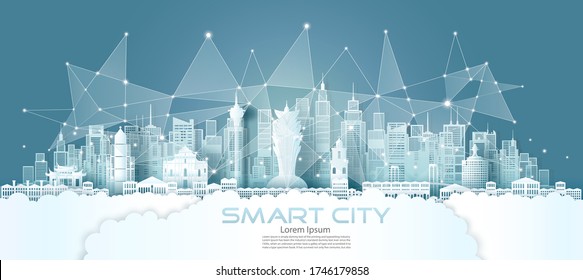 Technology wireless network communication smart city with architecture in Macau downtown skyscraper on blue background, Vector illustration futuristic green city and panorama view. 