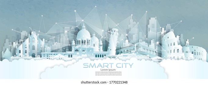 Technology wireless network communication smart city with architecture in Italy of Europe downtown skyscraper on blue texture background, Vector illustration futuristic green city and panorama view.