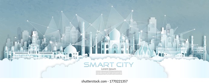 Technology Wireless Network Communication Smart City With Architecture In India Of Asia Downtown Skyscraper On Blue Texture Background, Vector Illustration Futuristic Green City And Panorama View.