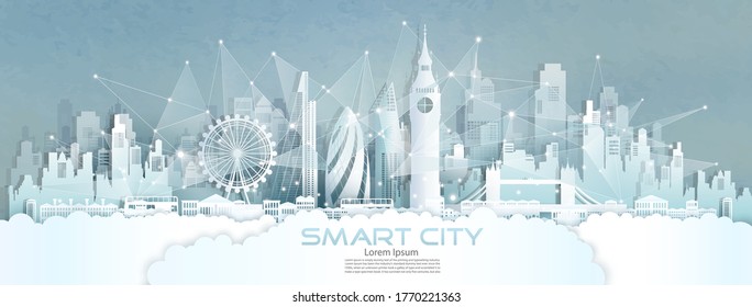 Technology wireless network communication smart city with architecture in England of Europe downtown skyscraper on blue texture background, Vector illustration futuristic green city and panorama view.