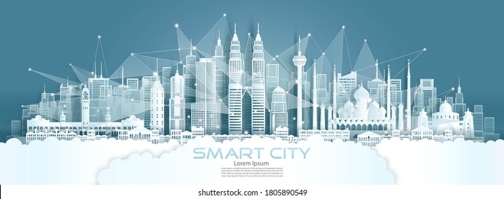 Technology wireless network communication smart city with architecture in Malaysia at Asia downtown skyline for design banner technology, Vector illustration futuristic green city and panorama view.
