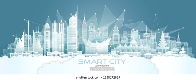 Technology Wireless Network Communication Smart City With Architecture In Indonesia At Asia Downtown Skyscraper On Blue Background, Vector Illustration Futuristic Green City And Panorama View.