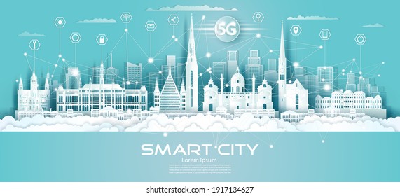 Technology wireless network communication smart city 5G with icon in Austria downtown skyscraper on blue background, Vector illustration futuristic green city and panorama view.