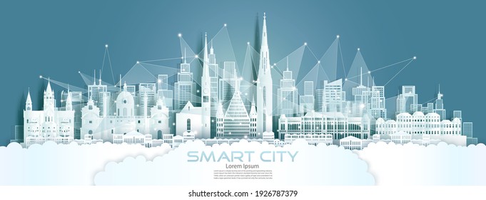 Technology wireless network communication smart city with architecture in Austria at europe downtown skyline for design banner technology, Vector illustration futuristic green city and panorama view.