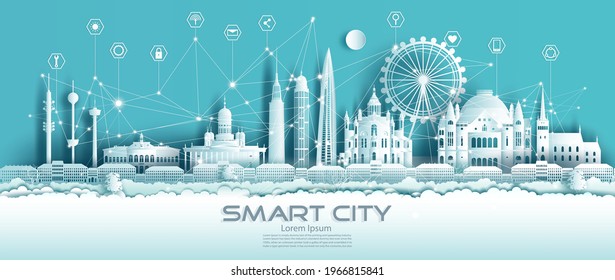 Technology wireless network communication smart city with icon in Finland downtown skyscraper on blue background, Vector illustration futuristic green city and panorama view.