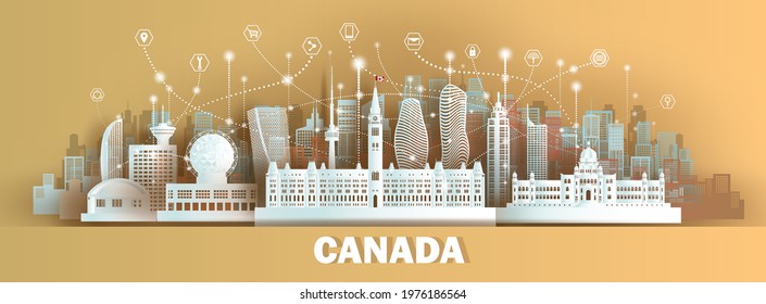 Technology wireless network communication smart city with architecture in Canada skyscraper downtown skyline for design banner technology, Vector illustration futuristic brown  on brown background