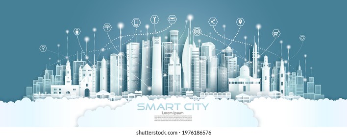 Technology wireless network communication smart city with architecture in Israel at asia downtown skyline for design banner technology, Vector illustration futuristic green city and panorama view.