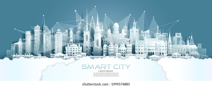 Technology wireless network communication smart city with architecture in Sweden at europe downtown skyline for design banner technology, Vector illustration futuristic green city and panorama view.