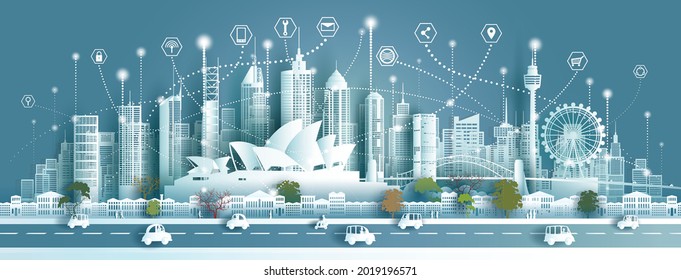 Technology wireless network communication smart city with architecture landmarks Australia at europe skyline for design banner technology, Vector illustration futuristic icon symbol in panorama view.