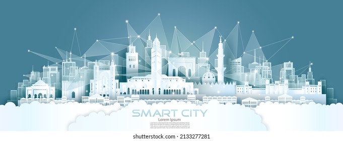 Technology wireless network communication smart city with architecture in Marrakech Morocco at europe skyline for design banner technology, Green city wireless network architecture in Morocco.