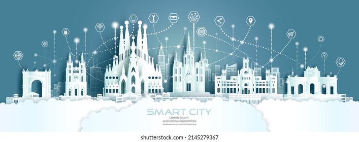 Technology wireless network communication smart city with architecture in Spain at europe downtown skyline for design banner technology, Futuristic green city in barcelona Spain and panorama view.