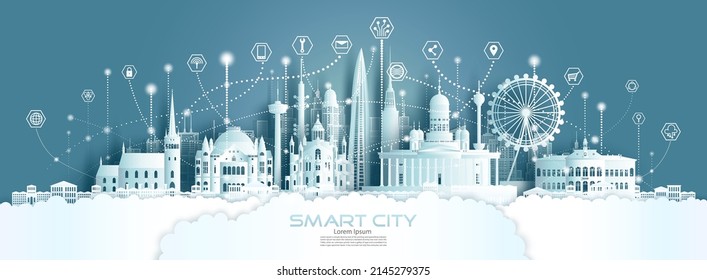 Technology wireless network communication smart city with architecture in Finland at europe downtown skyline for design banner technology, Futuristic green city in helsinki Finland and panorama view.