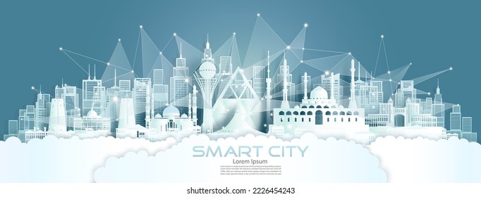 Technology wireless network communication smart city with architecture in Kazakhstan at asia downtown skyscraper on blue background, Vector illustration futuristic green city and panorama view.