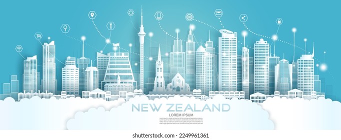 Technology wireless network communication smart city with icon in New Zealand at europe downtown skyscraper on blue background, Vector illustration futuristic green city and panorama view.