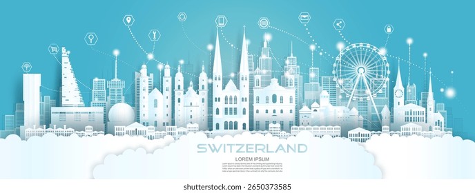 Tecnologia de comunicação de rede sem fio cidade inteligente com ícone na Suíça no arranha-céu do centro da europa em fundo azul, ilustração Vetor cidade verde futurista e vista Suíça.