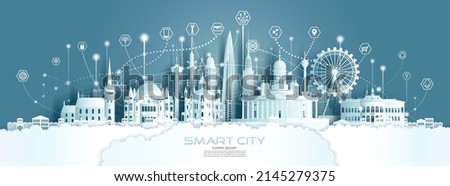 Technology wireless network communication smart city with architecture in Finland at europe downtown skyline for design banner technology, Futuristic green city in helsinki Finland and panorama view.