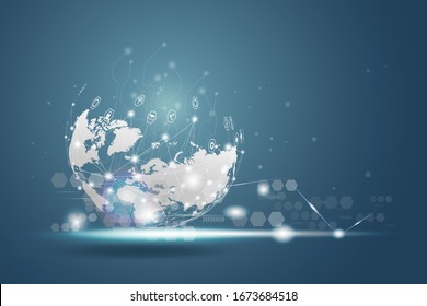 Technology wireless network globe communications system with world map.  Point and line composition concept. Global business communication internet network line icon, Vector illustration background.