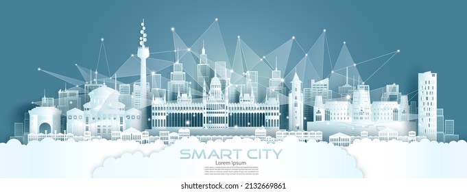 Technology wireless network in Romania communication smart city with architecture in Bucharest of Romania in europe skyline for design banner technology, Green city wireless network architecture.