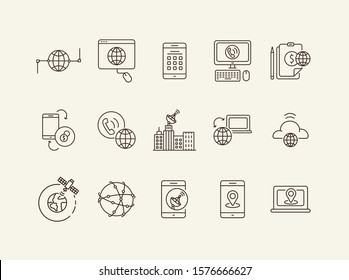 Technology Wireless Thin Line Icon Set. Interconnection Web, Flow Information, Broadcast Isolated Sign Pack. Communication Services Concept. Vector Illustration Symbol Elements For Web Design And Apps