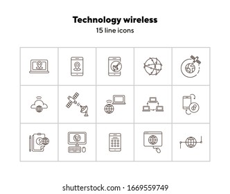 Technology wireless thin line icon set. Interconnection web, flow information, broadcast isolated sign pack. Communication services concept. Vector illustration symbol elements for web design and apps