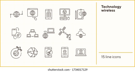 Technology wireless thin line icon set. Interconnection web, flow information, broadcast isolated sign pack. Communication services concept. Vector illustration symbol elements for web design and apps