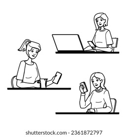 technology woman using phone table vector. person internet, communication happy, coffee cafe technology woman using phone table character. people black line illustration