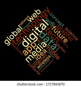Technology word cloud. Innovative concept. Collage made of words. Vector colorful illustration. Isolated on black background.