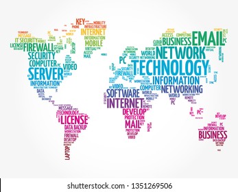 Technology Word Cloud In Shape Of World Map, Business Concept Background