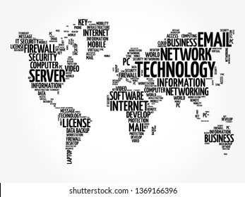 Technology Word Cloud In Shape Of World Map, Business Concept Background