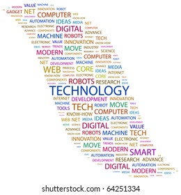 TECNOLOGÍA. Composición de palabras sobre fondo blanco. Ilustración con diferentes términos de asociación.