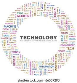 TECHNOLOGY. Word collage on white background. Illustration with different association terms.