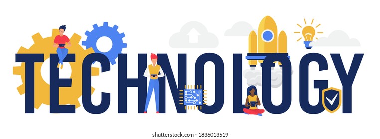 Ilustración vectorial de concepto de palabra tecnológica. Dibujo de ideas innovadoras, símbolos tecnológicos, gente trabajando en tareas creativas, usando dispositivos electrónicos de tablets. Antecedentes futuros de diseño de tecnología de innovación