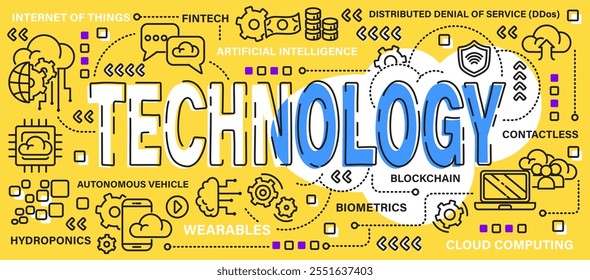 Technology . Word with line icon art banner style . Editable stroke . Vector .