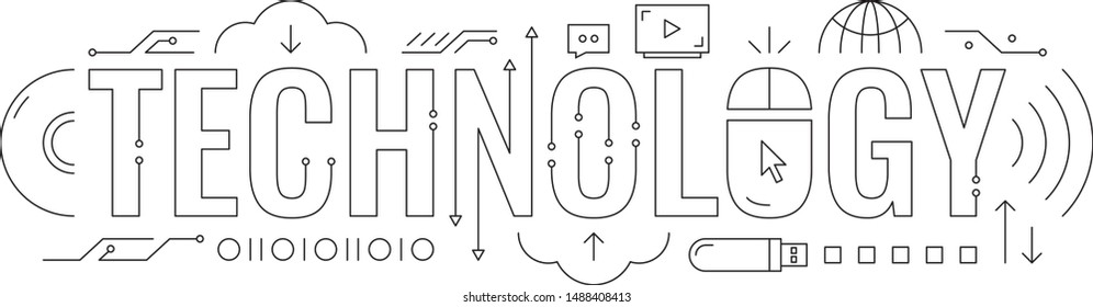 technology word and technological symbols