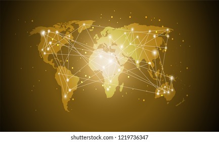 Mapa Del Mundo De La Tecnología, Traslado Global De Medios, Gradiente Dorado, Diseño De Red Digital Concepto De Conexión Para Sitio Web, Ilustración Vector