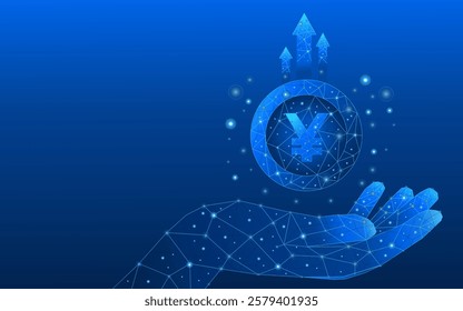 Technology yuan currency revenue growth concept. Abstract concept of coins in a hand and up arrows on blue background. Money coins in a hand. Profit growth. 