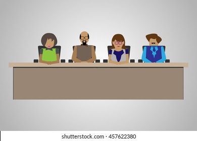 Technology/Business People sitting on a Table in an Interview Panel, Illustration of compartment acting as a judgment or interview panel.