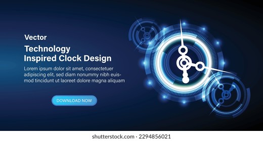 Technology-inspired clock design. Futuristic technology background with a clock concept and a time machine. Rotatable clock hands, with dynamic visual effect. Vector.